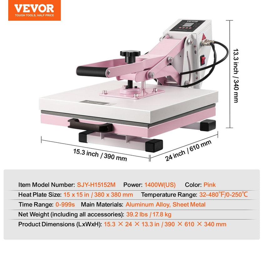 VEVOR Heat Press Machine 15x15 in Slide Out Heat Transfer Machine T-Shirts Pink