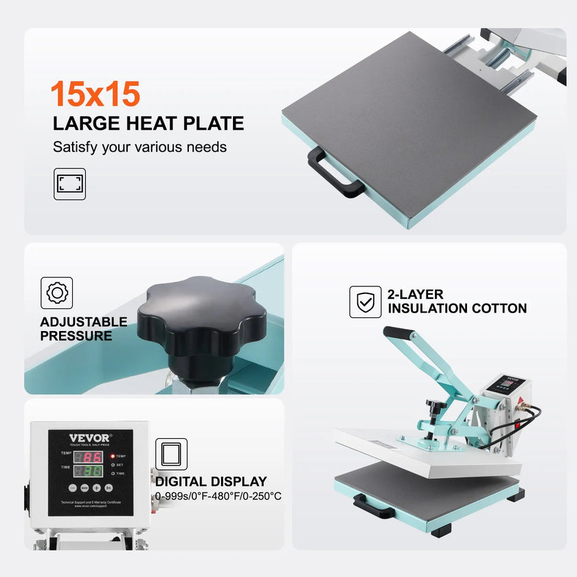 VEVOR Heat Press Machine 15x15 in Slide Out Heat Transfer Machine T-Shirts Green