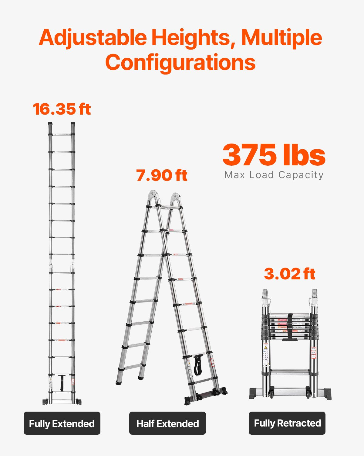 VEVOR Telescoping Ladder A-Frame Stainless Steel 16.5 ft Extension Ladders