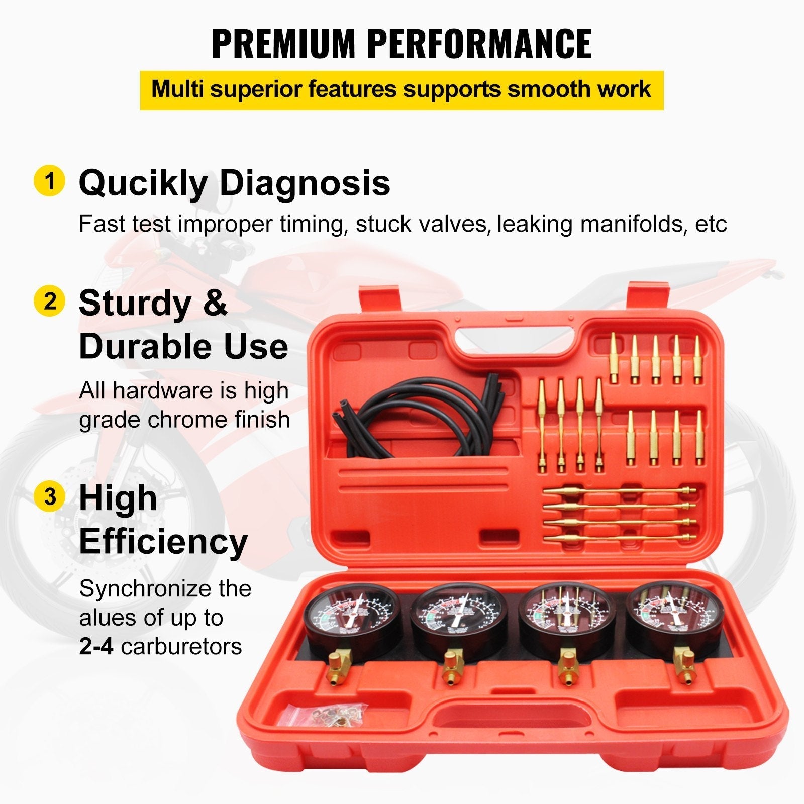 Pro Fuel Vacuum Carburetor Synchronizer carb sync Gauge Set Rubber Hose