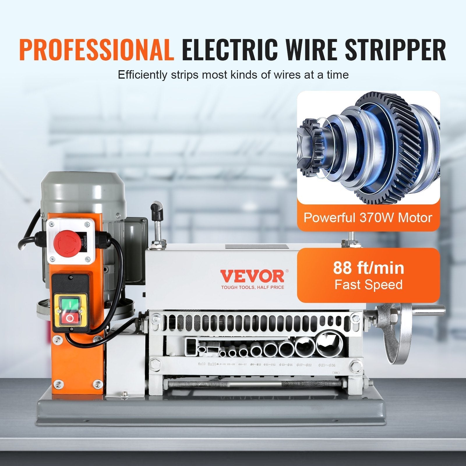VEVOR Automatic Wire Stripping Machine, 0.06''-1.57'' Electric Motorized Cable Stripper, 370 W, 88 ft/min Wire Peeler with An Extra Manual Crank, 11 Channels for Scrap Copper Recycling