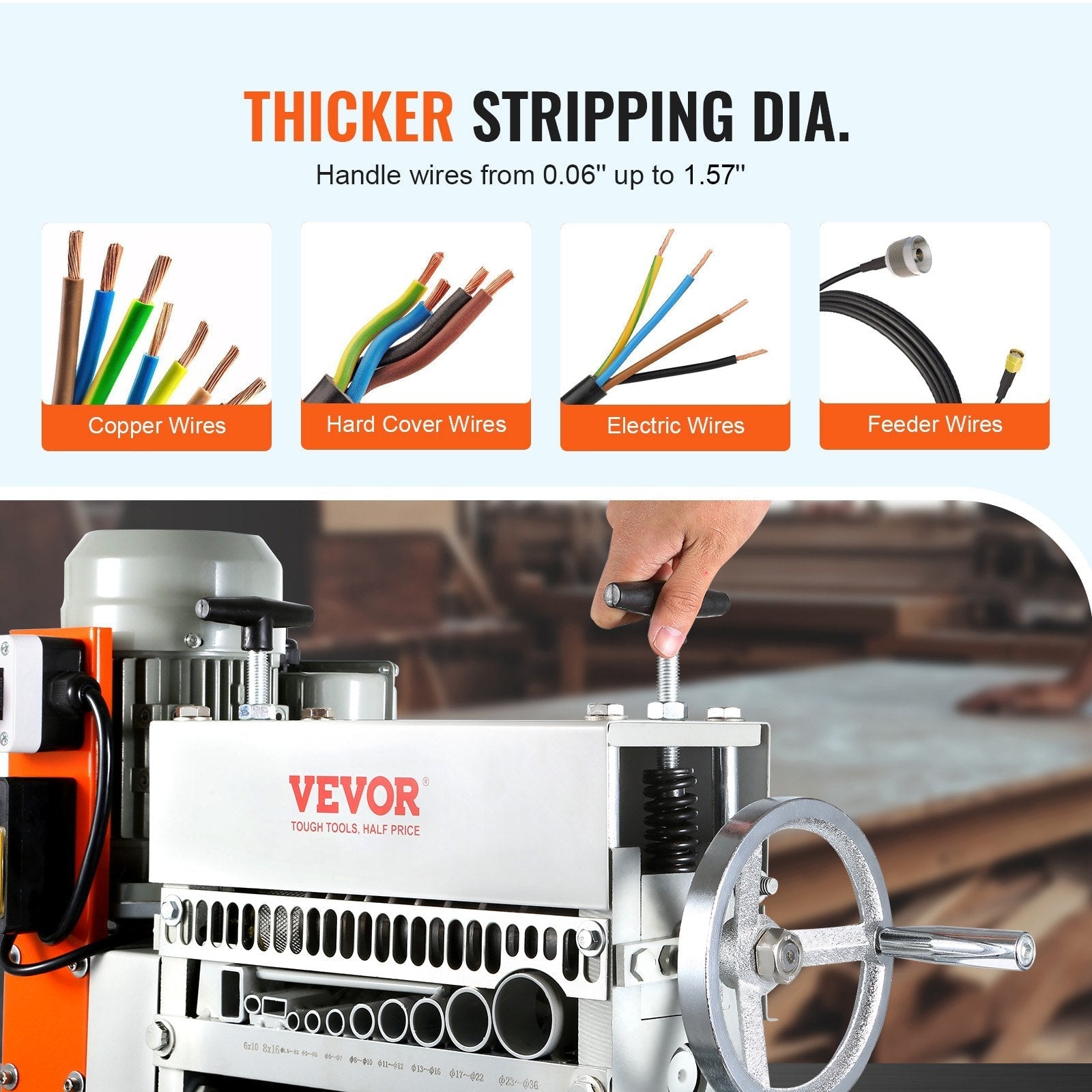 VEVOR Automatic Wire Stripping Machine, 0.06''-1.57'' Electric Motorized Cable Stripper, 370 W, 88 ft/min Wire Peeler with An Extra Manual Crank, 11 Channels for Scrap Copper Recycling