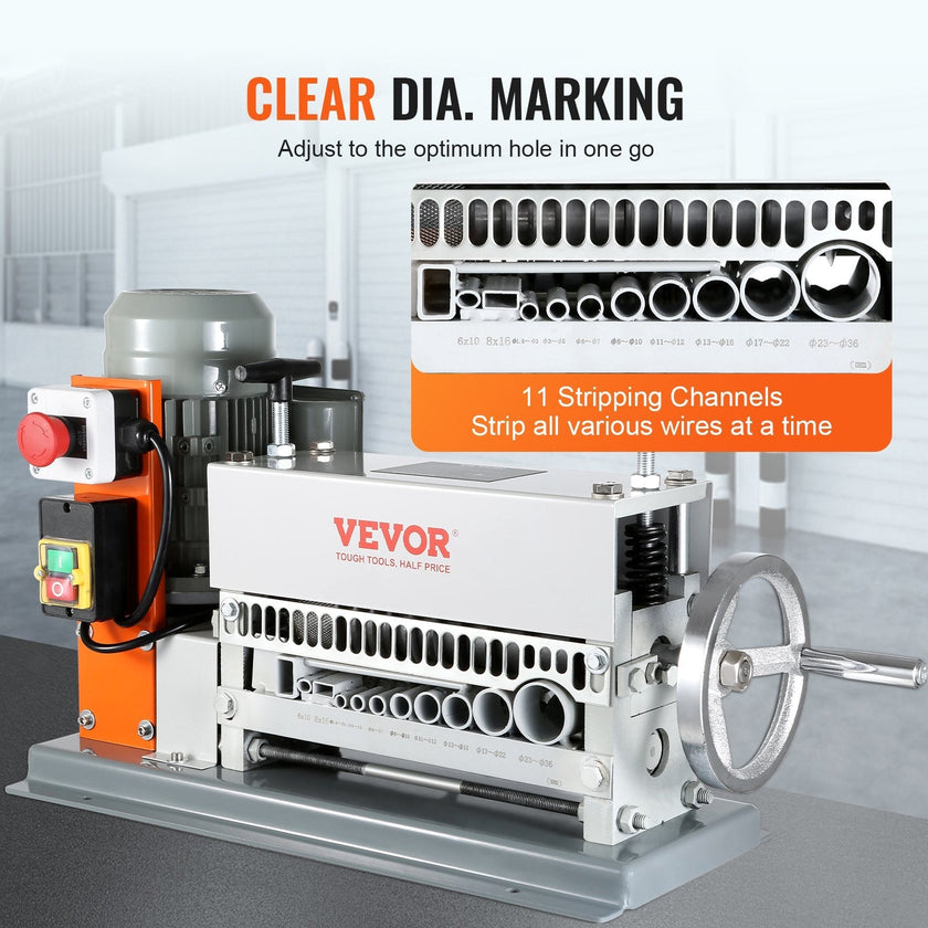 VEVOR Automatic Wire Stripping Machine, 0.06''-1.57'' Electric Motorized Cable Stripper, 370 W, 88 ft/min Wire Peeler with An Extra Manual Crank, 11 Channels for Scrap Copper Recycling