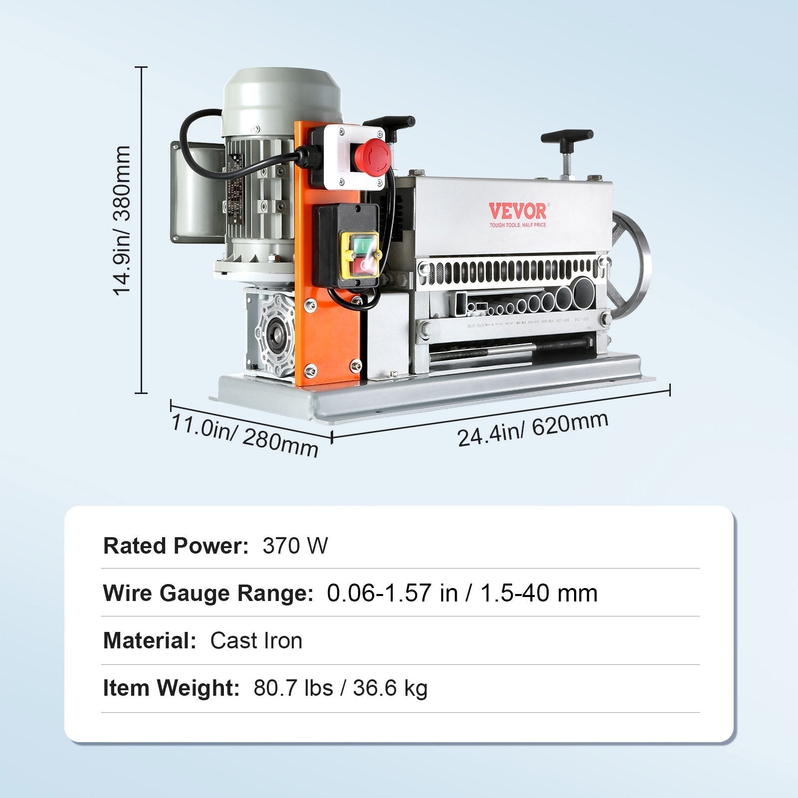 VEVOR Automatic Wire Stripping Machine, 0.06''-1.57'' Electric Motorized Cable Stripper, 370 W, 88 ft/min Wire Peeler with An Extra Manual Crank, 11 Channels for Scrap Copper Recycling