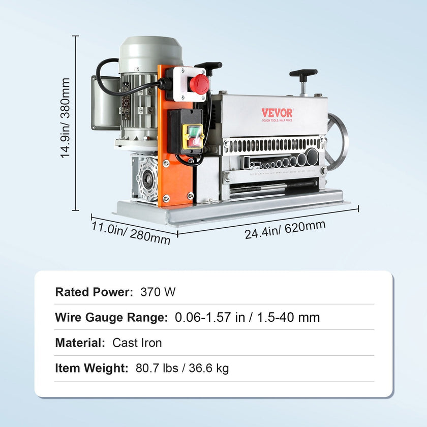 VEVOR Automatic Wire Stripping Machine, 0.06''-1.57'' Electric Motorized Cable Stripper, 370 W, 88 ft/min Wire Peeler with An Extra Manual Crank, 11 Channels for Scrap Copper Recycling