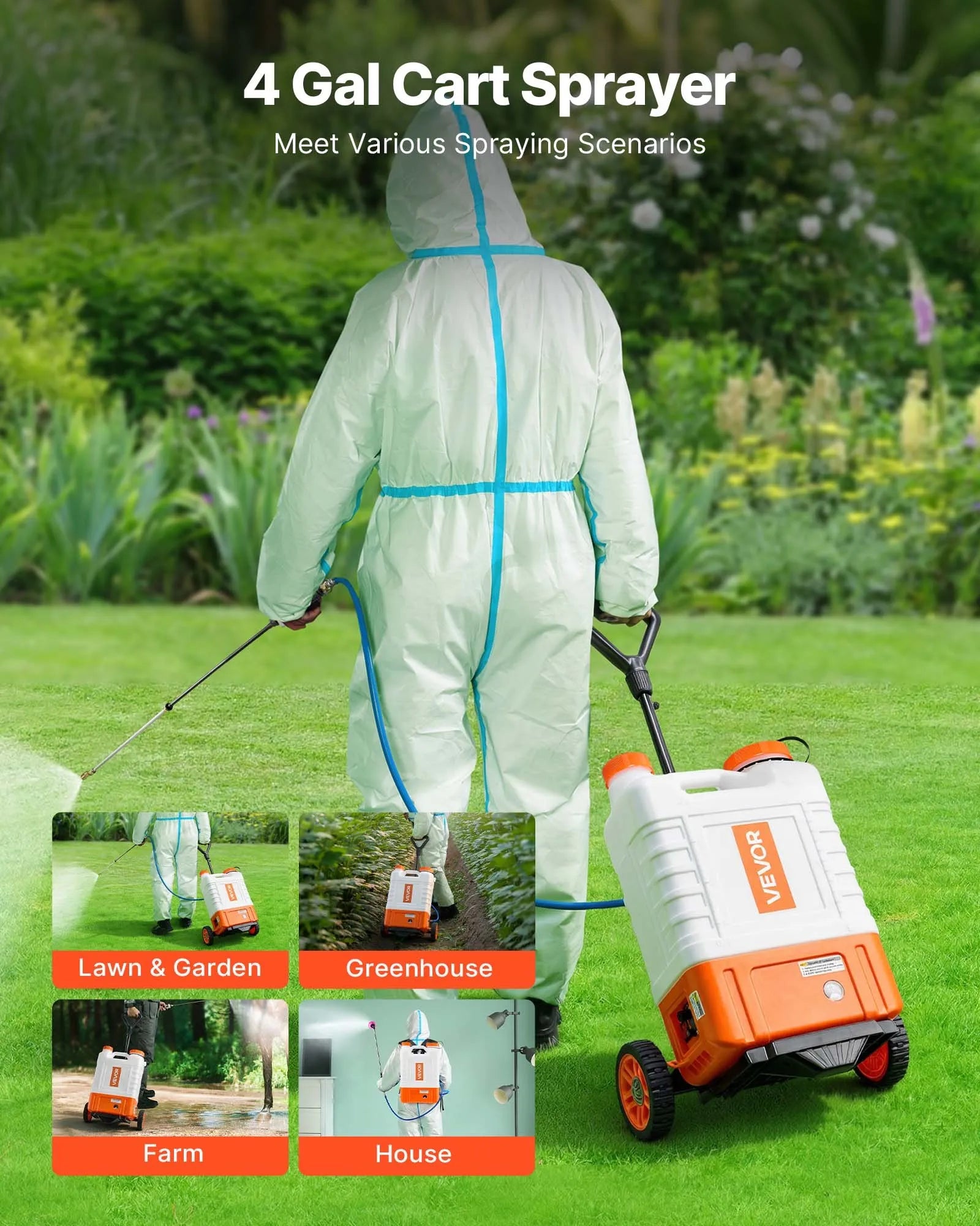 VEVOR Battery Powered Backpack Sprayer with Cart, 0-94 PSI Adjustable Pressure, 4 Gallon Tank on Wheels, with 8 Nozzles and 2 Wands, 12V 7.2Ah Battery, Wide Mouth Lid for Weeding, Spraying, Cleaning
