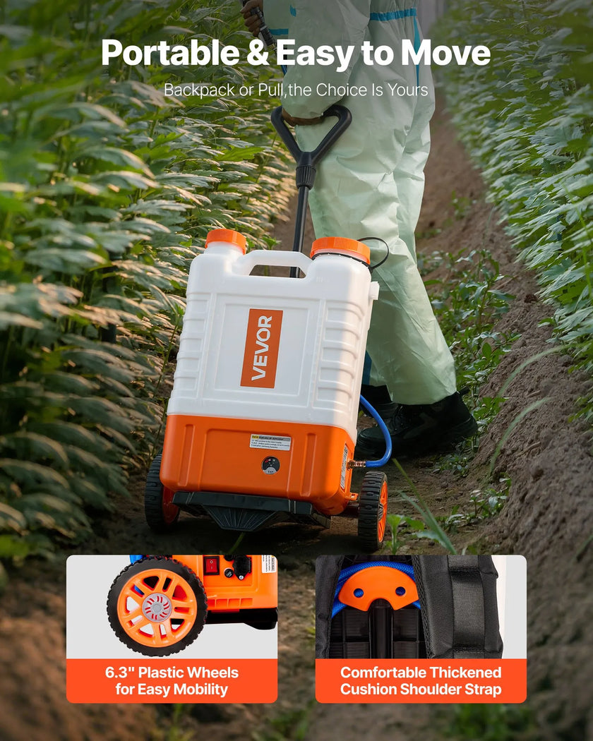 VEVOR Battery Powered Backpack Sprayer with Cart, 0-94 PSI Adjustable Pressure, 4 Gallon Tank on Wheels, with 8 Nozzles and 2 Wands, 12V 7.2Ah Battery, Wide Mouth Lid for Weeding, Spraying, Cleaning