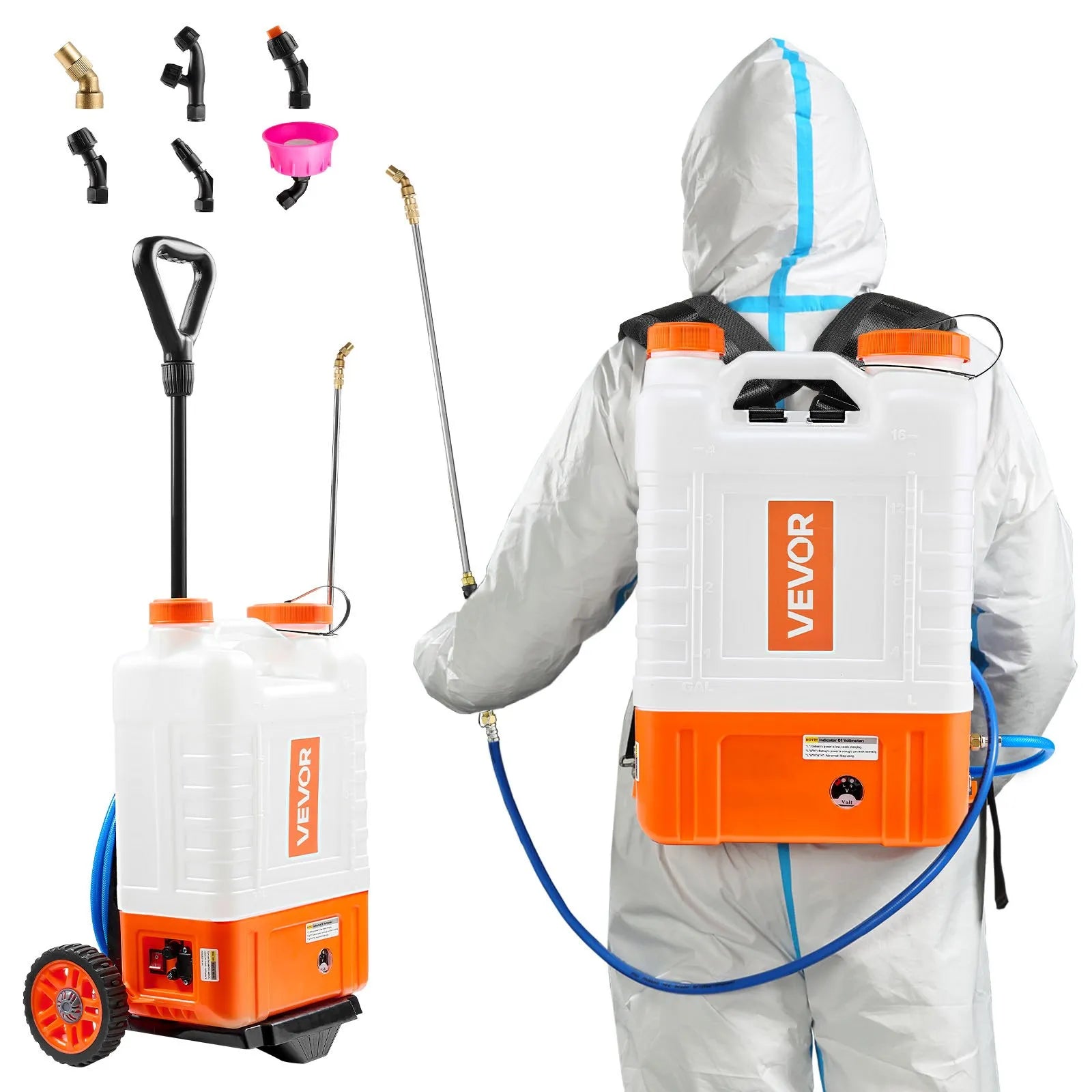 VEVOR Battery Powered Backpack Sprayer with Cart, 0-94 PSI Adjustable Pressure, 4 Gallon Tank on Wheels, with 8 Nozzles and 2 Wands, 12V 7.2Ah Battery, Wide Mouth Lid for Weeding, Spraying, Cleaning
