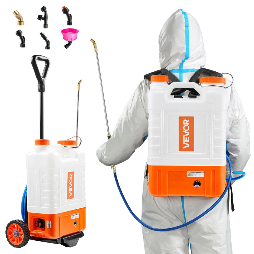 VEVOR Battery Powered Backpack Sprayer with Cart, 0-94 PSI Adjustable Pressure, 4 Gallon Tank on Wheels, with 8 Nozzles and 2 Wands, 12V 7.2Ah Battery, Wide Mouth Lid for Weeding, Spraying, Cleaning