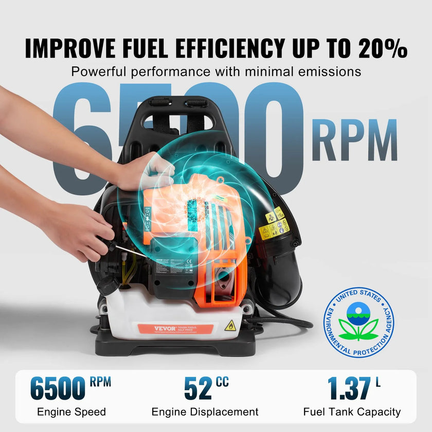 VEVOR Backpack Leaf Blower, 52CC 2-Cycle Gas Leaf Blower with 1.37L Fuel Tank, 480CFM Air Volume 175MPH Speed, Ideal for Lawn Care, Leaf Cleaning, and Snow Removal