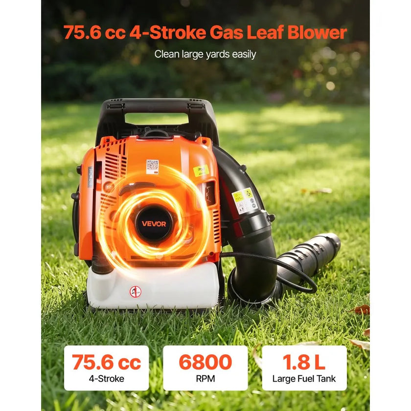 75.6cc 4-Stroke Gas Backpack Leaf Blower – 615 CFM, 179 MPH with 1.8L Fuel Tank