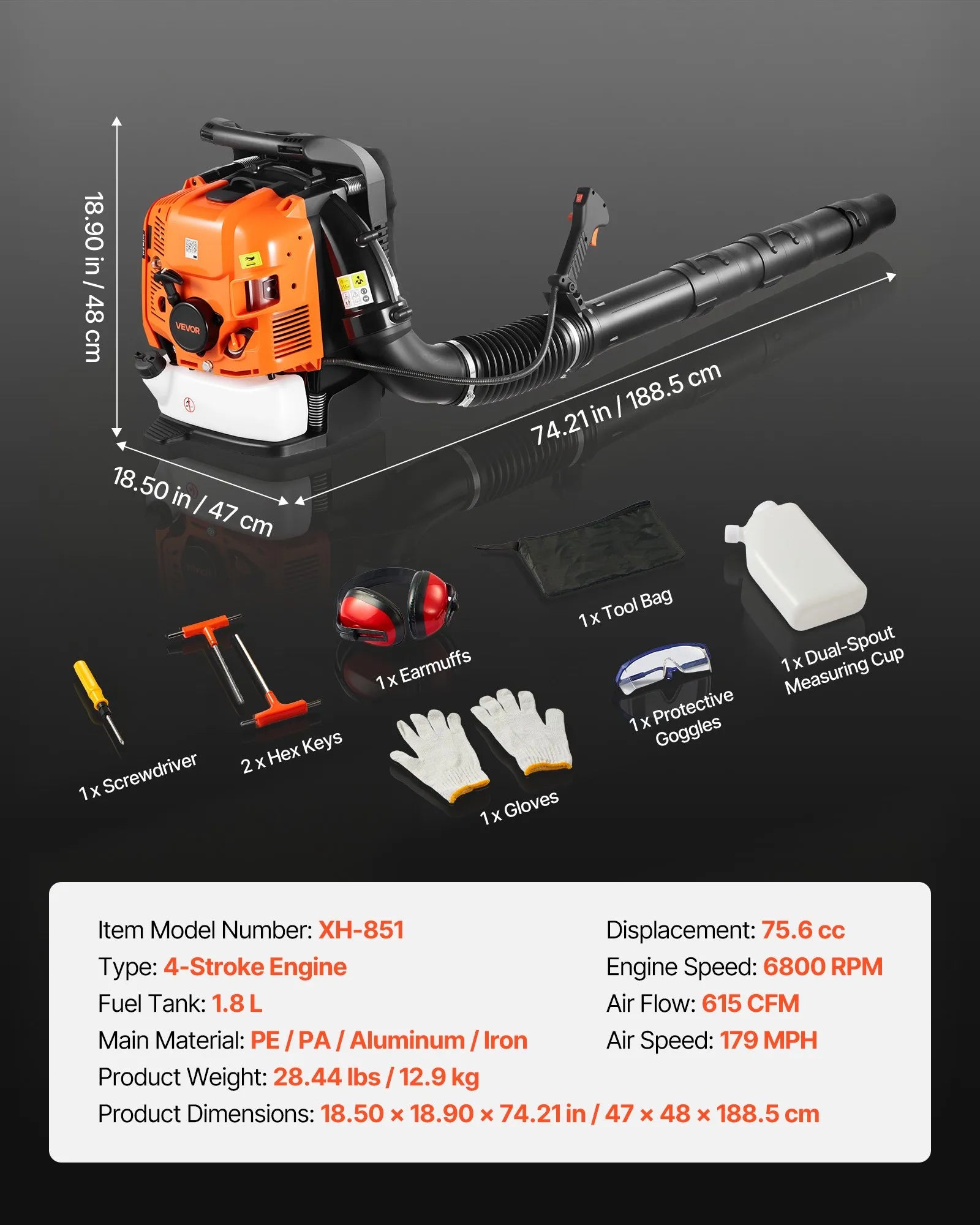 75.6cc 4-Stroke Gas Backpack Leaf Blower – 615 CFM, 179 MPH with 1.8L Fuel Tank