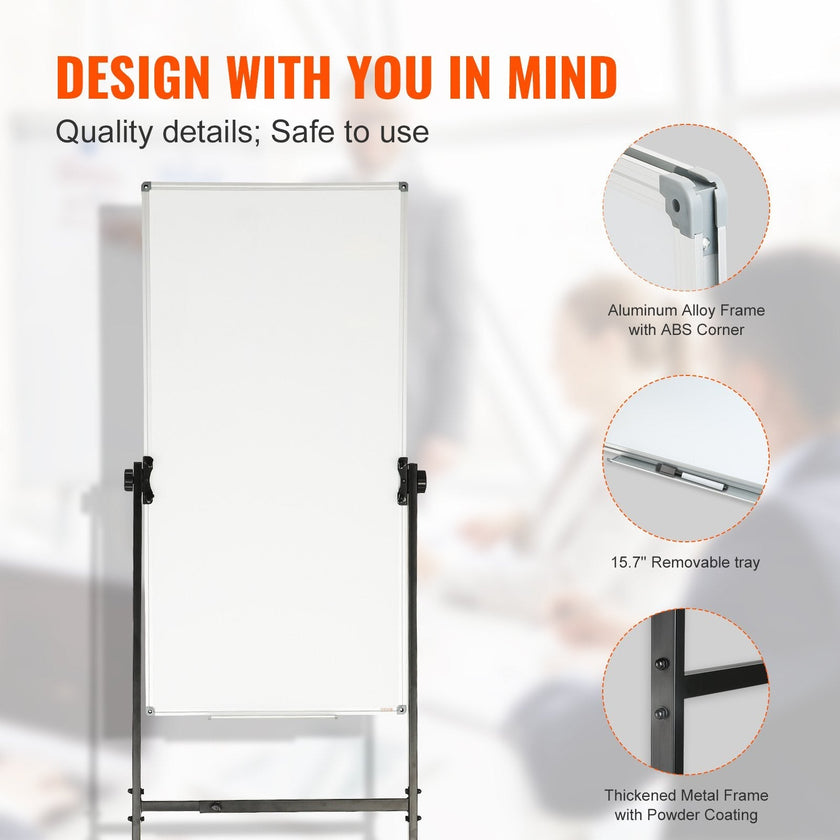 VEVOR Rolling Magnetic Whiteboard, Double-sided Mobile Whiteboard 24x48 Inches, Adjustable Height Dry Erase Board with Wheels, 1 Magnetic Erase & 3 Dry Erase Markers & Movable Tray for Office School