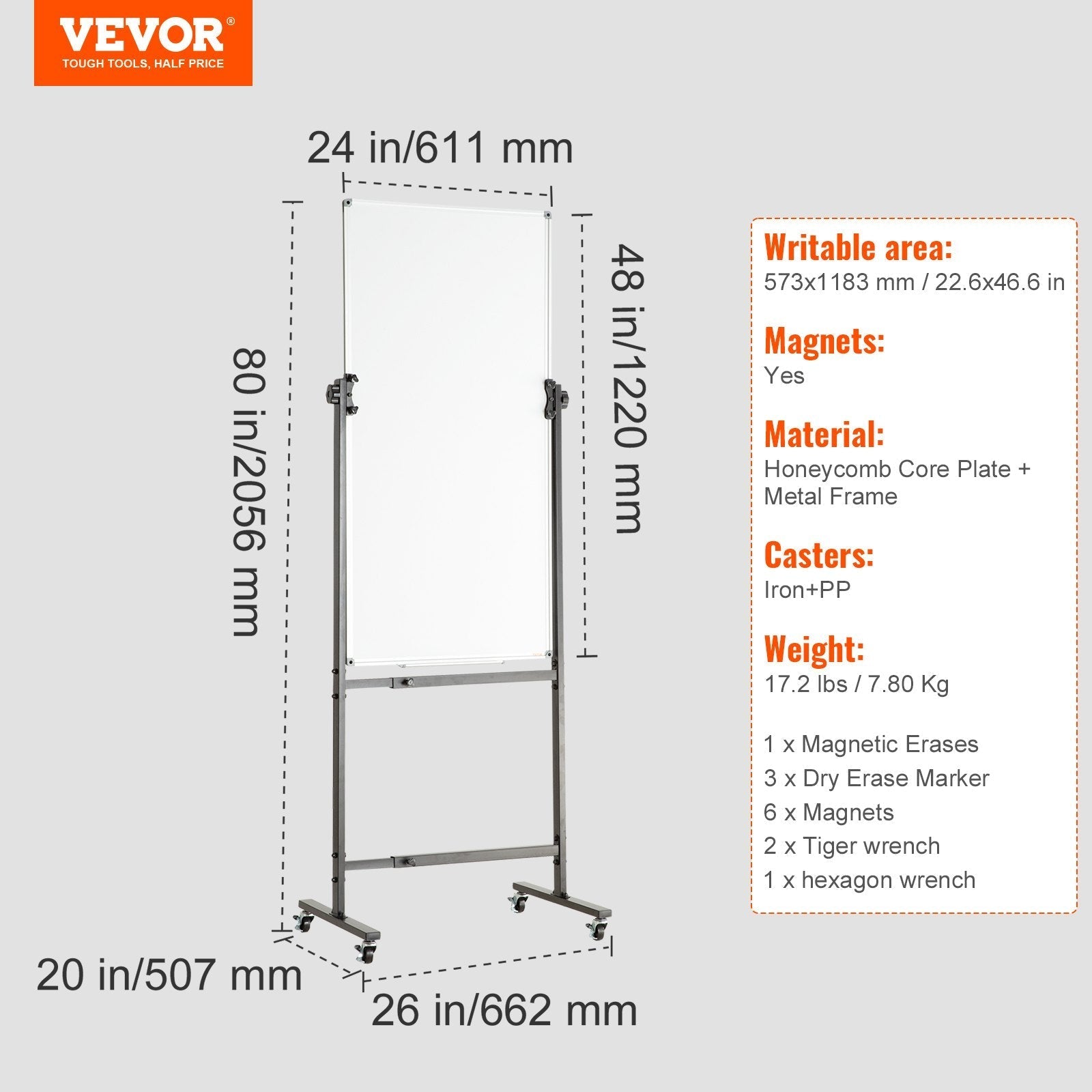 VEVOR Rolling Magnetic Whiteboard, Double-sided Mobile Whiteboard 24x48 Inches, Adjustable Height Dry Erase Board with Wheels, 1 Magnetic Erase & 3 Dry Erase Markers & Movable Tray for Office School