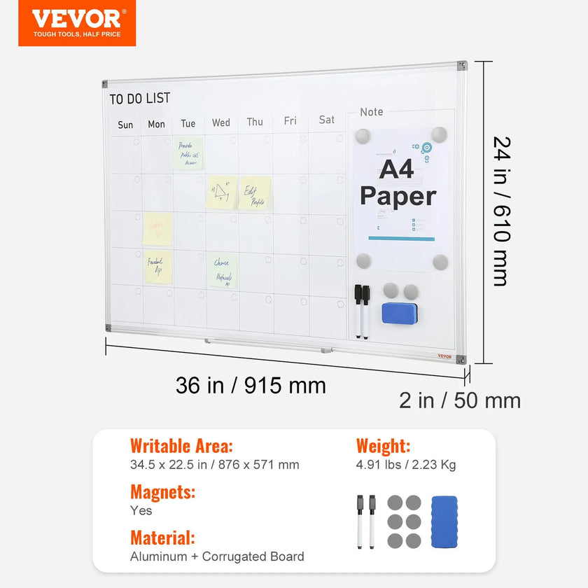 VEVOR Calendar Whiteboard, 36 x 24 Inches Magnetic Dry Erase Calendar Board, Monthly Planner Whiteboard for Wall, 1 Magnetic Erase & 2 Dry Erase Marker & Movable Tray for Restaurant Office Home School