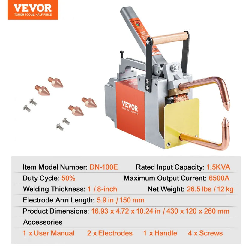 VEVOR Portable Spot Welder, 1/8-inch Thick Spot Welder Machine with 1.5KVA Input Capacity, Handheld Welding Tip Gun Metal Sheet Spot Welding Machine for Carbon Steel, Aluminum Sheet