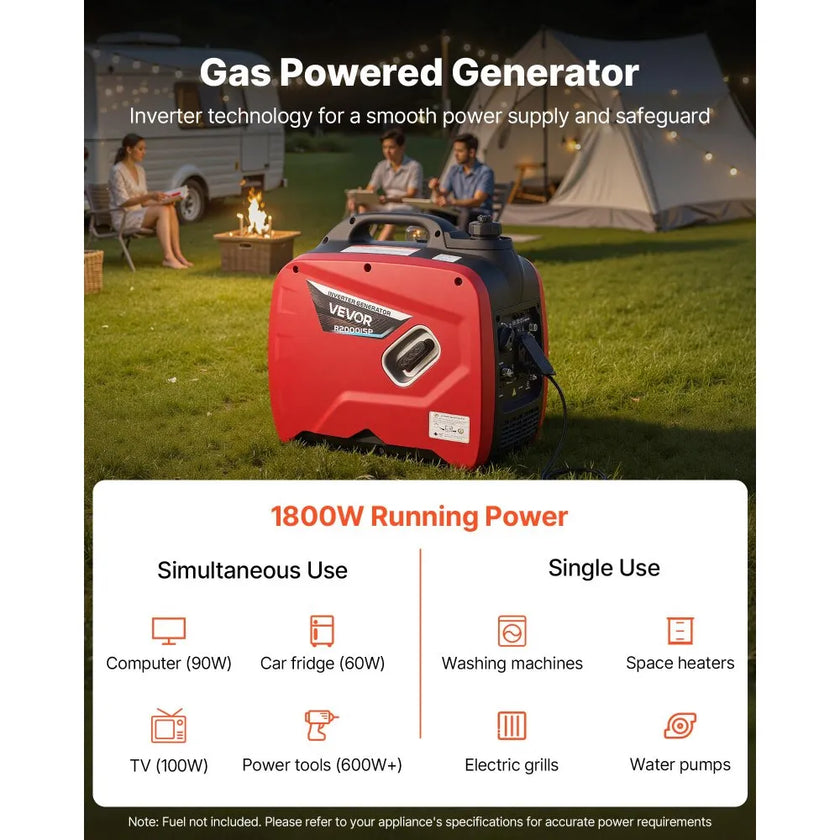 2900W Peak Portable Inverter Generator, 1800W Running Power, Quiet Gas-Powered Generator with CO Sensor