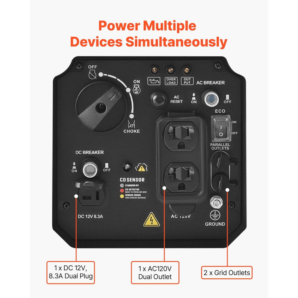 2900W Peak Portable Inverter Generator, 1800W Running Power, Quiet Gas-Powered Generator with CO Sensor