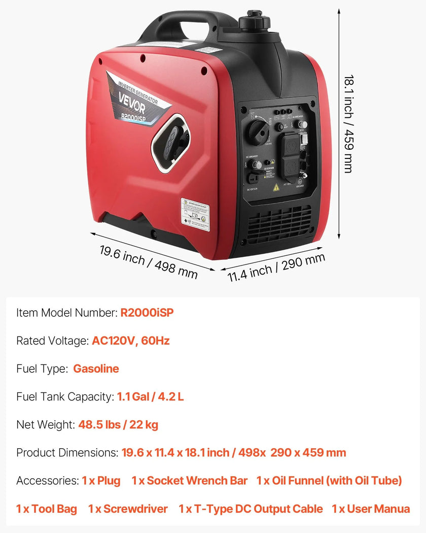 2900W Peak Portable Inverter Generator, 1800W Running Power, Quiet Gas-Powered Generator with CO Sensor