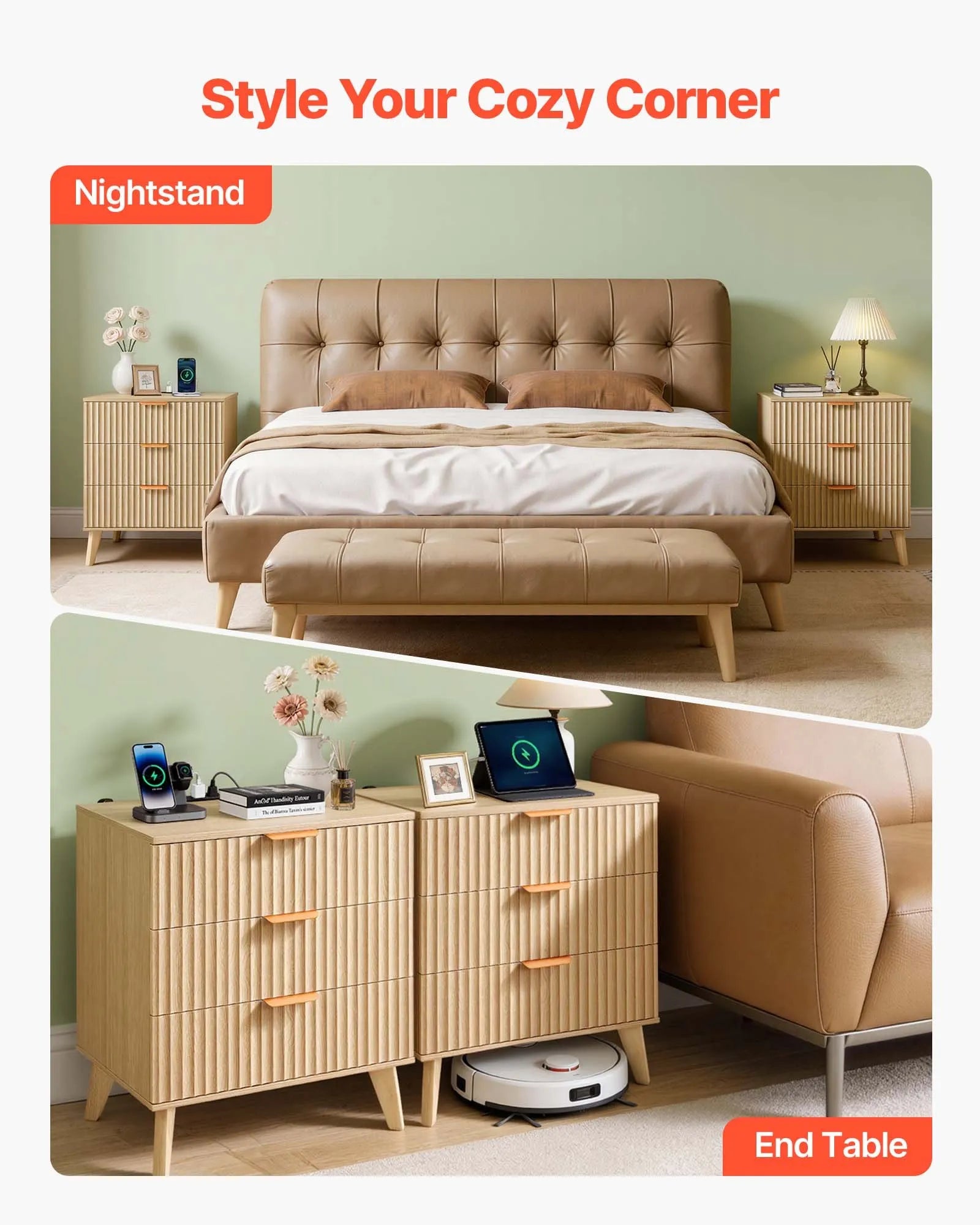 Fluted Nightstands with Charging Station – Set of 2, 3-Drawer Mid-Century Modern Bedside Tables, Khaki