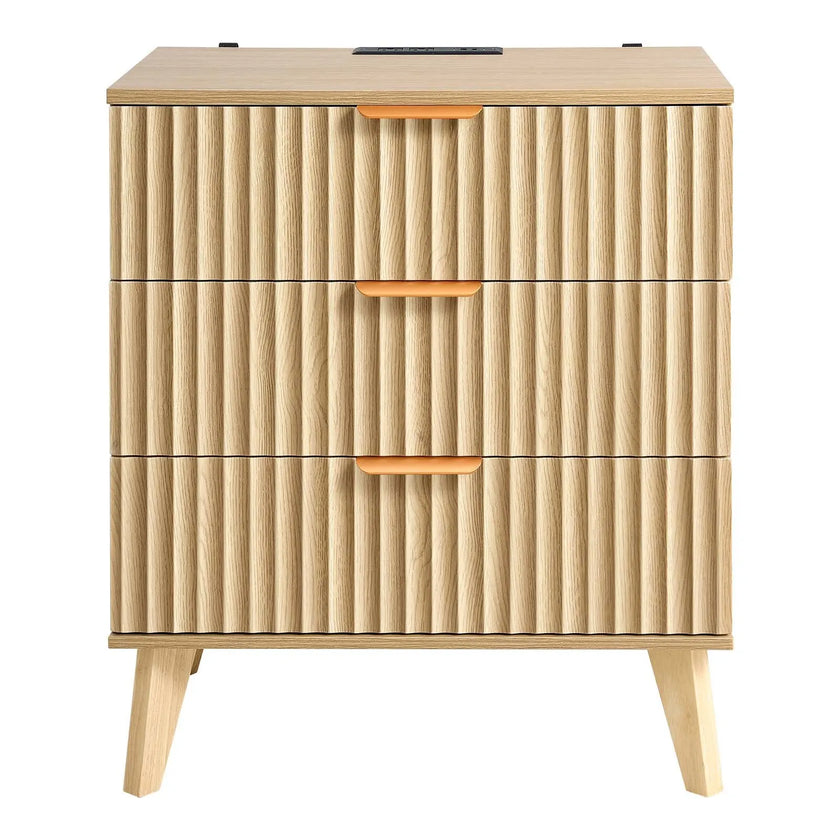 Fluted Nightstands with Charging Station – Set of 2, 3-Drawer Mid-Century Modern Bedside Tables, Khaki