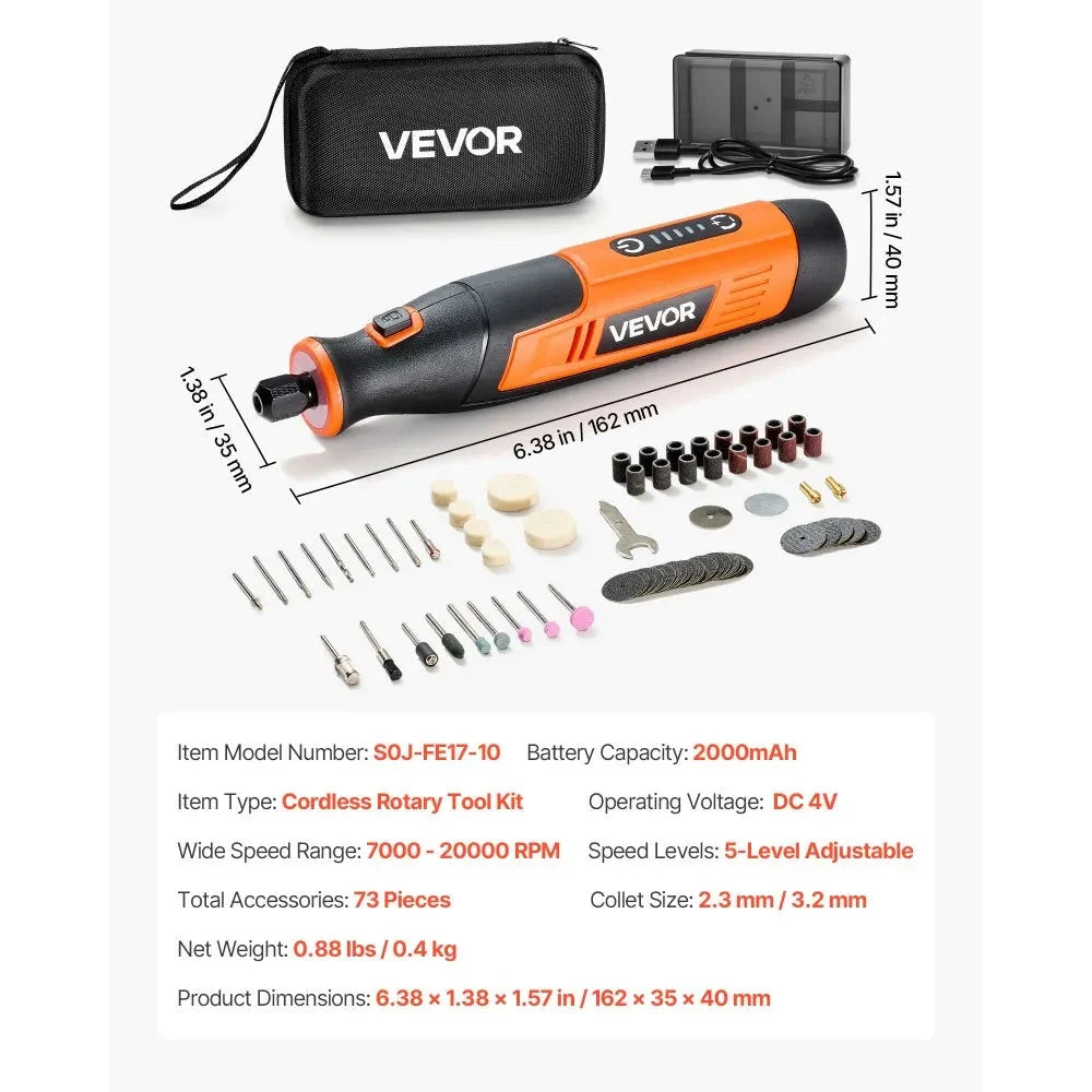 VEVOR 73-Piece Cordless Rotary Tool Kit, DC4V Portable Mini Power Rotary Tool, 5-Level Speed 7000-20000 RPM Multi-Purpose DIY Tools for Engraving, Sanding, Polishing, Carving, Cutting, DIY Crafts