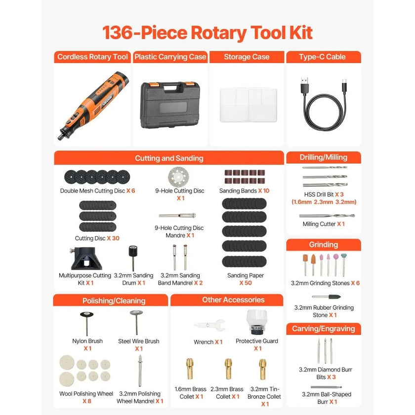 VEVOR 136-Piece Cordless Rotary Tool Kit, DC8V Portable Mini Power Rotary Tool, 5 Speeds 5000-30000RPM Multi-Purpose DIY Tools for Engraving, Sanding, Polishing, Carving, Grinding, Cutting, DIY Craft