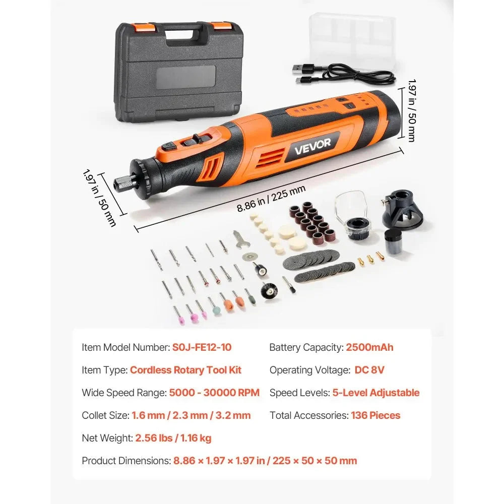 VEVOR 136-Piece Cordless Rotary Tool Kit, DC8V Portable Mini Power Rotary Tool, 5 Speeds 5000-30000RPM Multi-Purpose DIY Tools for Engraving, Sanding, Polishing, Carving, Grinding, Cutting, DIY Craft