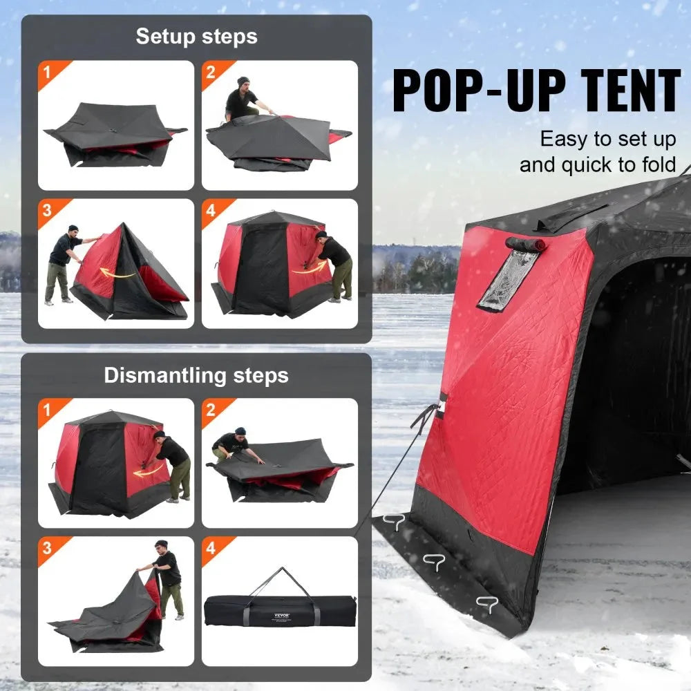 VEVOR Portable Ice Shelter, 4-6 Person Insulated Pop-Up Ice Fishing Tent, 50 Square Feet Fishable Area, Thermal Ice Shanty for Winter Fishing, Ice Cube with Anchors, Ropes, Carrying Bag, 130