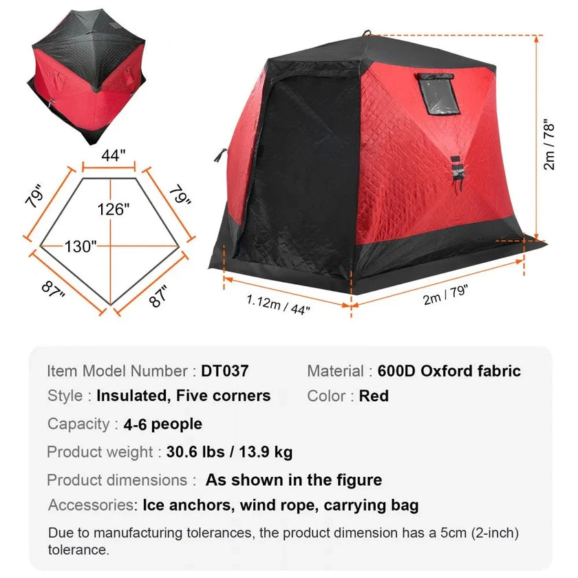 VEVOR Portable Ice Shelter, 4-6 Person Insulated Pop-Up Ice Fishing Tent, 50 Square Feet Fishable Area, Thermal Ice Shanty for Winter Fishing, Ice Cube with Anchors, Ropes, Carrying Bag, 130