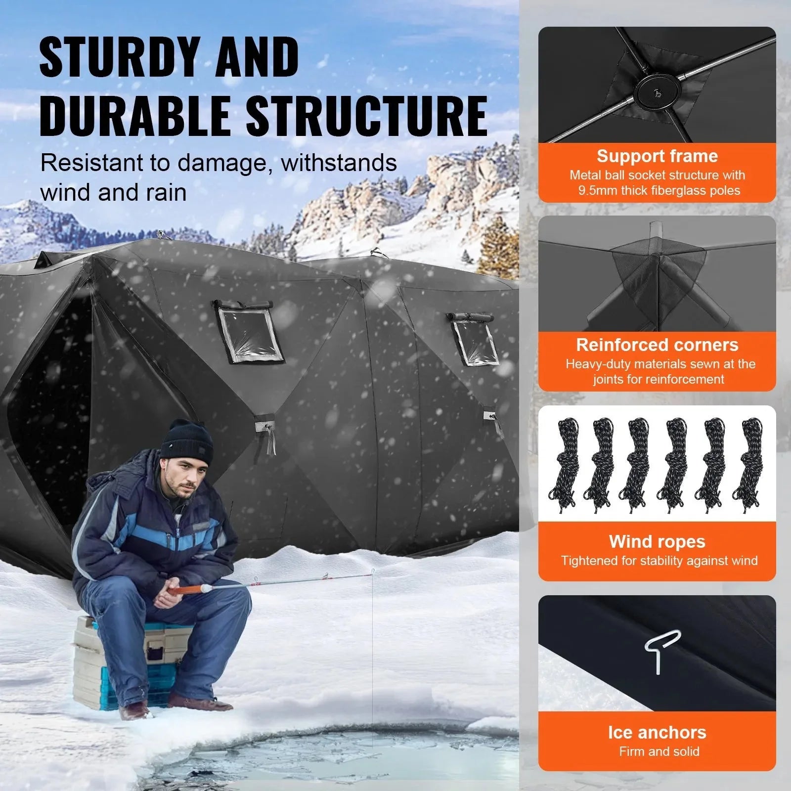 VEVOR Portable Ice Shelter, 6-8 Person Pop-Up Ice Fishing Tent, 70 Square Feet Fishable Area, Ice Shanty for Winter Fishing, Waterproof Oxford Ice Cube with Anchors/Ropes/Carrying Bag, 142
