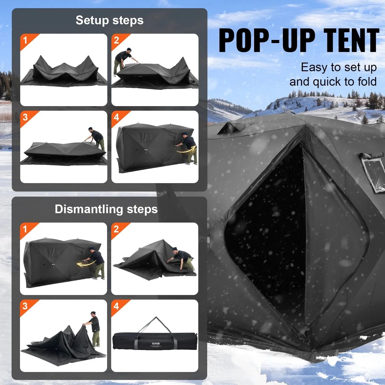 VEVOR Portable Ice Shelter, 6-8 Person Pop-Up Ice Fishing Tent, 70 Square Feet Fishable Area, Ice Shanty for Winter Fishing, Waterproof Oxford Ice Cube with Anchors/Ropes/Carrying Bag, 142