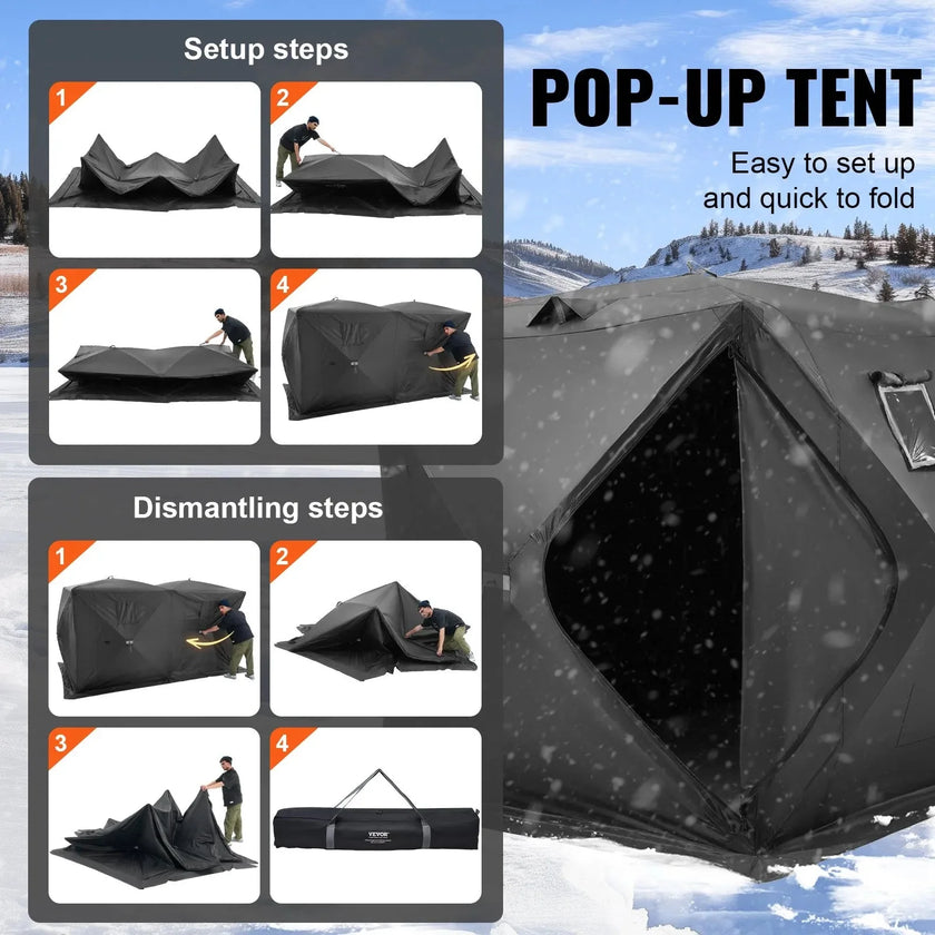 VEVOR Portable Ice Shelter, 6-8 Person Pop-Up Ice Fishing Tent, 70 Square Feet Fishable Area, Ice Shanty for Winter Fishing, Waterproof Oxford Ice Cube with Anchors/Ropes/Carrying Bag, 142