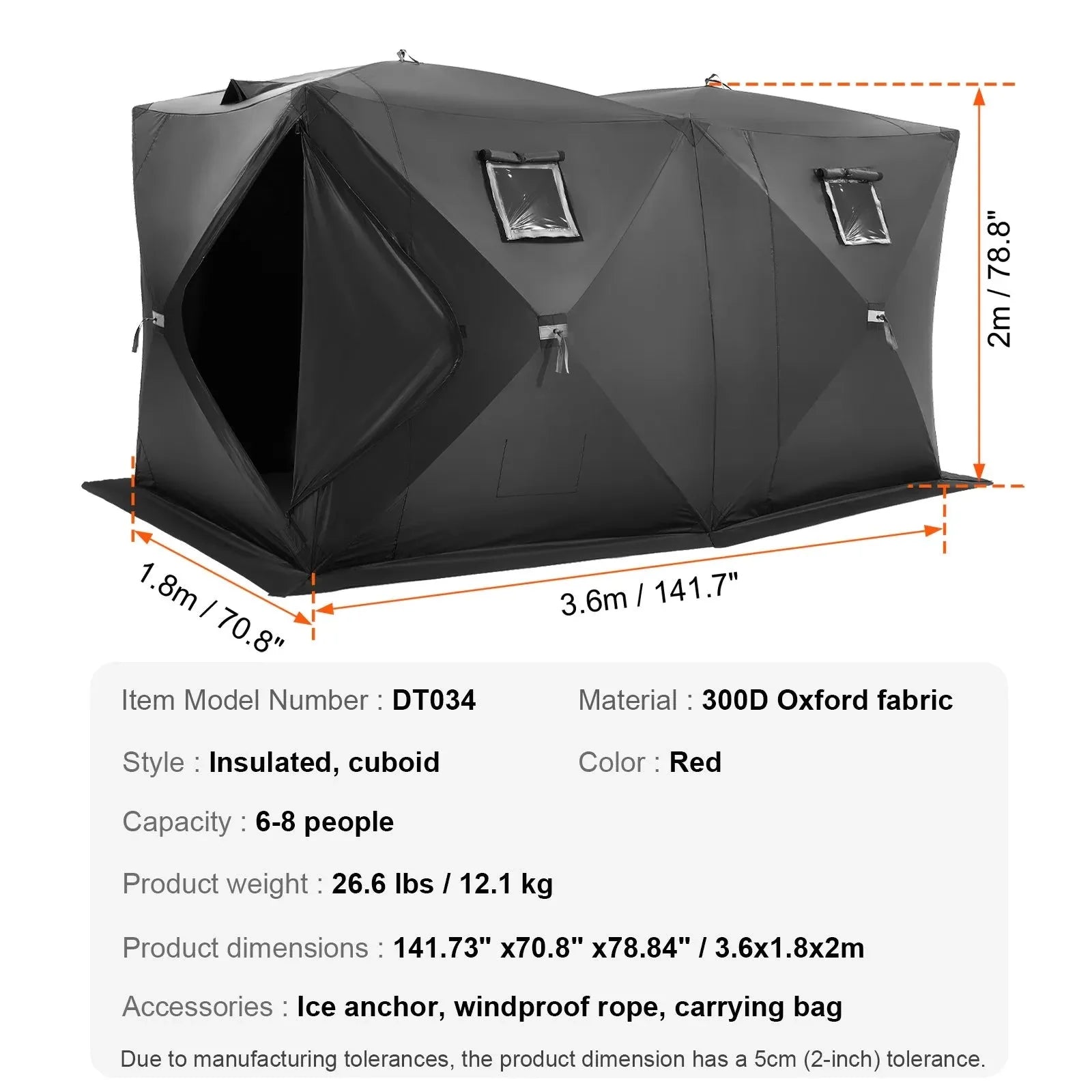 VEVOR Portable Ice Shelter, 6-8 Person Pop-Up Ice Fishing Tent, 70 Square Feet Fishable Area, Ice Shanty for Winter Fishing, Waterproof Oxford Ice Cube with Anchors/Ropes/Carrying Bag, 142