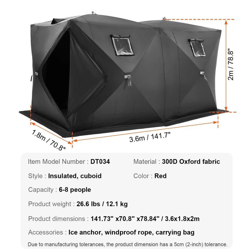 VEVOR Portable Ice Shelter, 6-8 Person Pop-Up Ice Fishing Tent, 70 Square Feet Fishable Area, Ice Shanty for Winter Fishing, Waterproof Oxford Ice Cube with Anchors/Ropes/Carrying Bag, 142