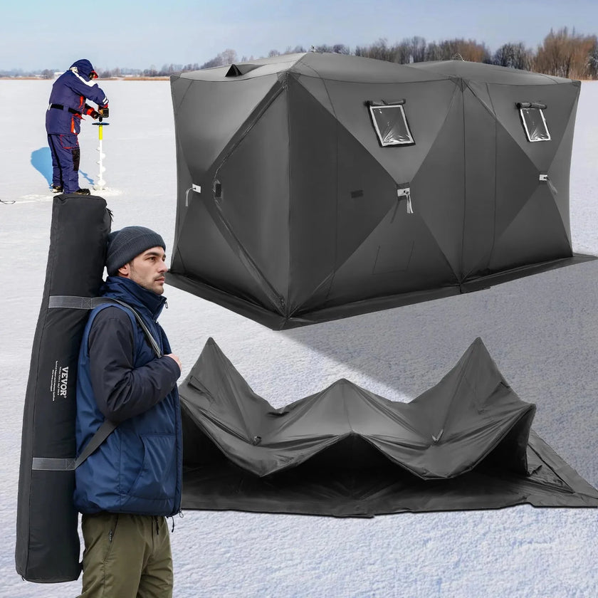 VEVOR Portable Ice Shelter, 6-8 Person Pop-Up Ice Fishing Tent, 70 Square Feet Fishable Area, Ice Shanty for Winter Fishing, Waterproof Oxford Ice Cube with Anchors/Ropes/Carrying Bag, 142