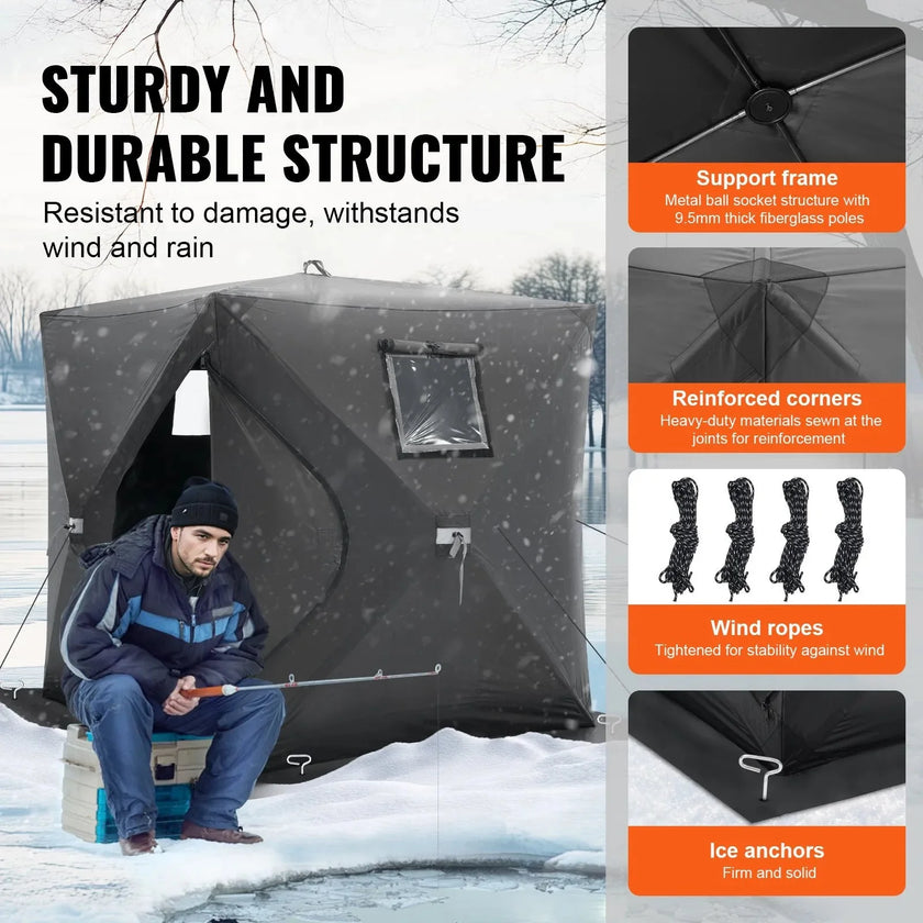 VEVOR Portable Ice Shelter, 1-2 Person Pop-Up Ice Fishing Tent, 24 Square Feet Fishable Area, Ice Shanty for Winter Fishing, Waterproof Oxford Ice Cube with Anchors/Ropes/Carrying Bag, 60