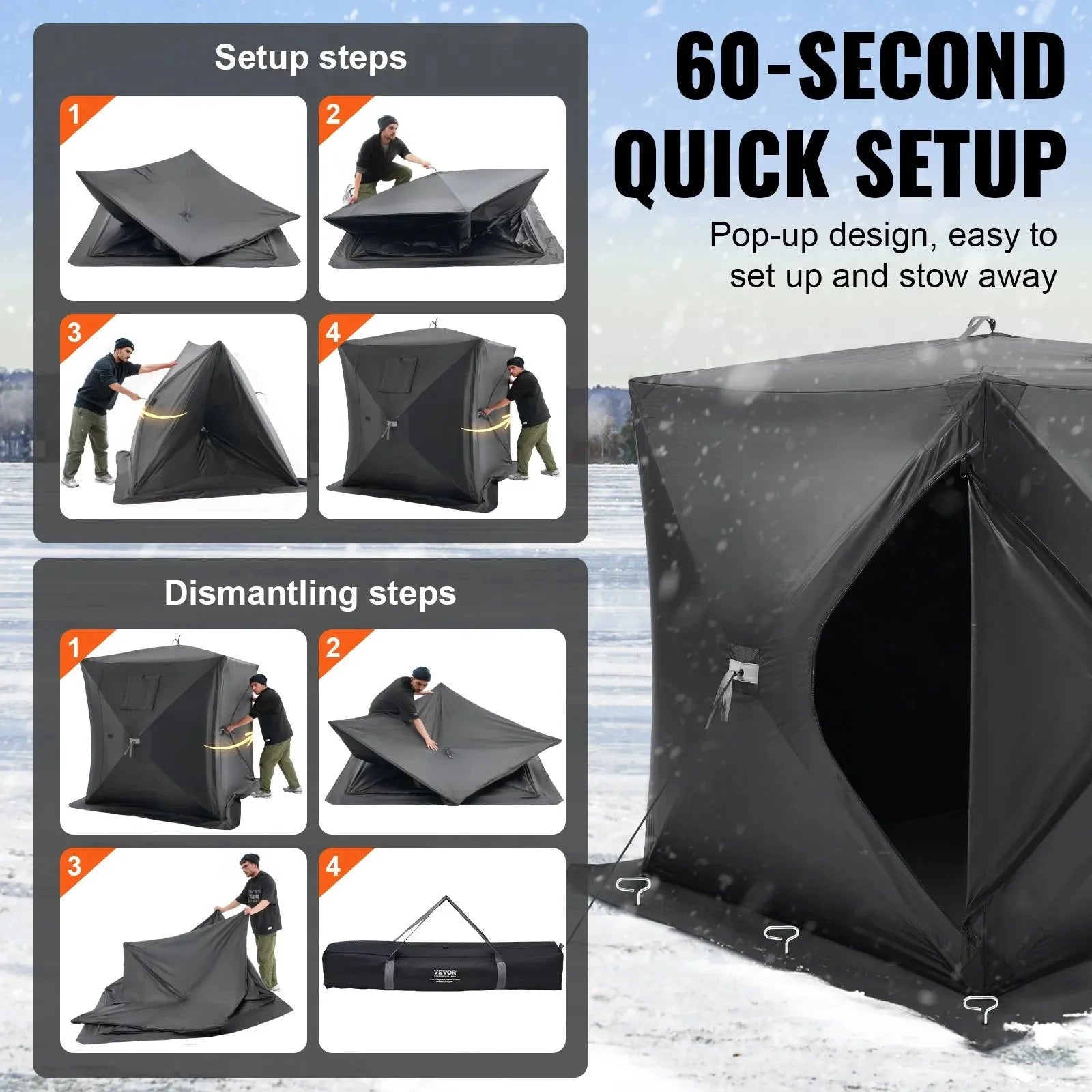 VEVOR Portable Ice Shelter, 1-2 Person Pop-Up Ice Fishing Tent, 24 Square Feet Fishable Area, Ice Shanty for Winter Fishing, Waterproof Oxford Ice Cube with Anchors/Ropes/Carrying Bag, 60