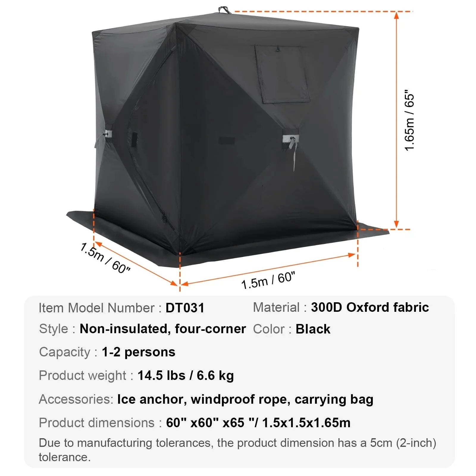 VEVOR Portable Ice Shelter, 1-2 Person Pop-Up Ice Fishing Tent, 24 Square Feet Fishable Area, Ice Shanty for Winter Fishing, Waterproof Oxford Ice Cube with Anchors/Ropes/Carrying Bag, 60