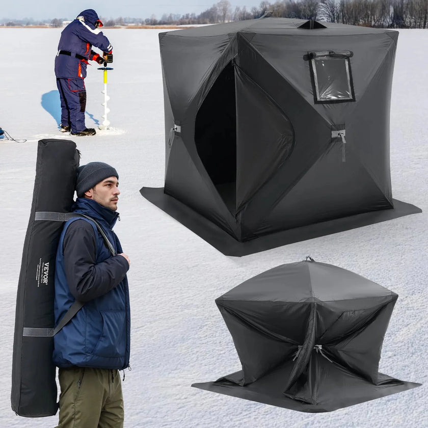 VEVOR Portable Ice Shelter, 1-2 Person Pop-Up Ice Fishing Tent, 24 Square Feet Fishable Area, Ice Shanty for Winter Fishing, Waterproof Oxford Ice Cube with Anchors/Ropes/Carrying Bag, 60