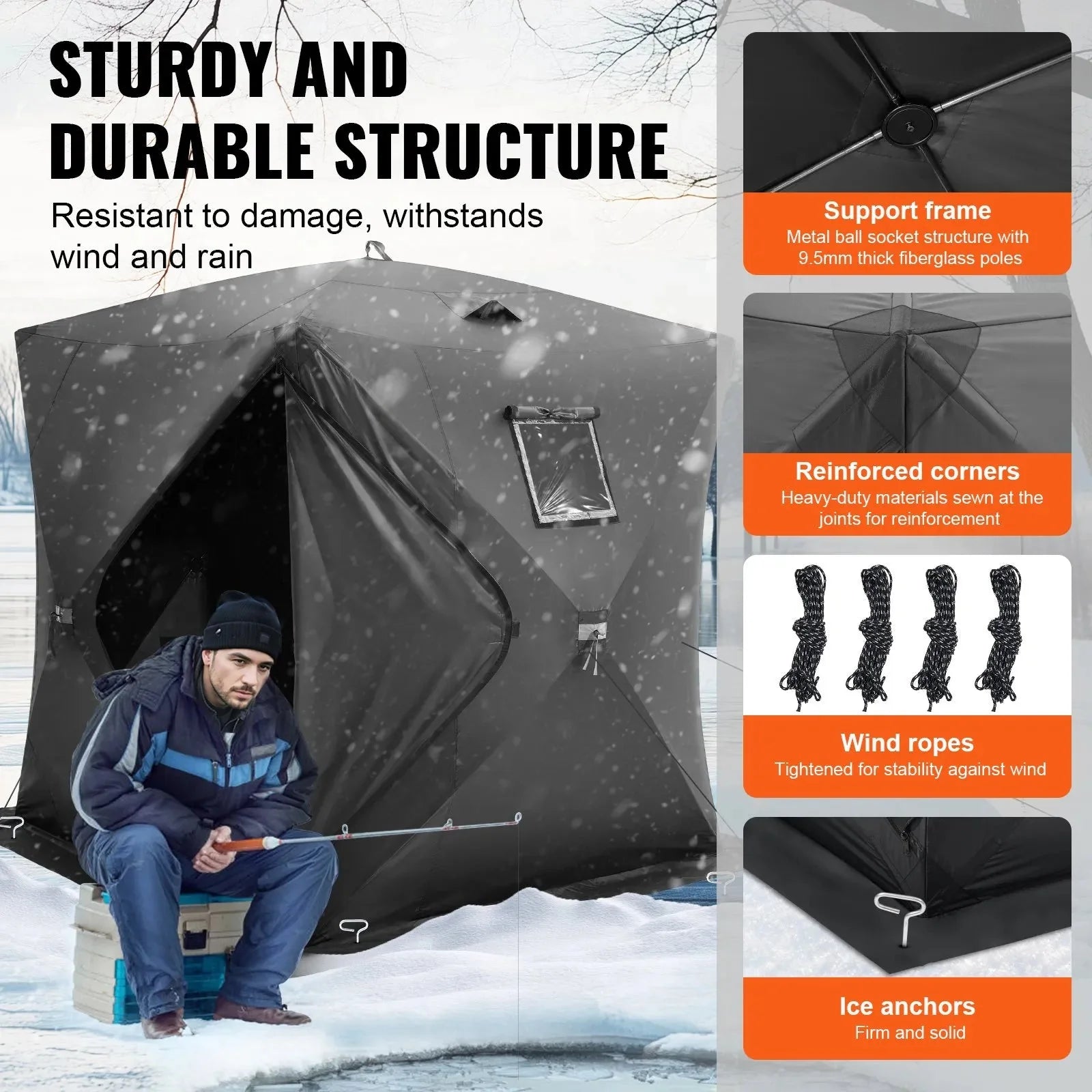 VEVOR Portable Ice Shelter, 3-4 Person Pop-Up Ice Fishing Tent, 35 Square Feet Fishable Area, Ice Shanty for Winter Fishing, Waterproof Oxford Ice Cube with Anchors/Ropes/Carrying Bag, 71