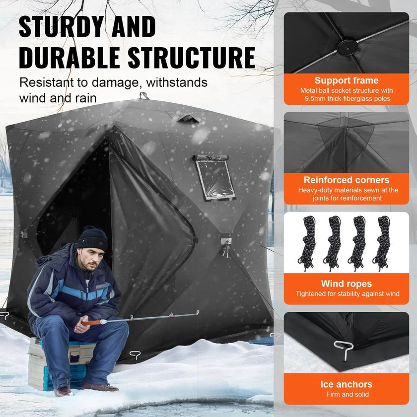 VEVOR Portable Ice Shelter, 3-4 Person Pop-Up Ice Fishing Tent, 35 Square Feet Fishable Area, Ice Shanty for Winter Fishing, Waterproof Oxford Ice Cube with Anchors/Ropes/Carrying Bag, 71