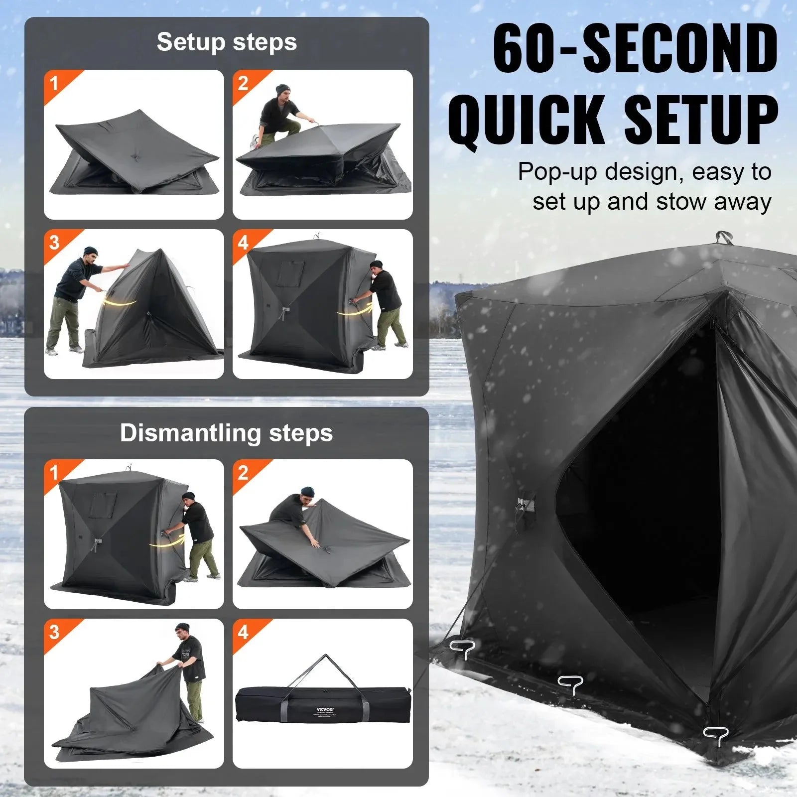 VEVOR Portable Ice Shelter, 3-4 Person Pop-Up Ice Fishing Tent, 35 Square Feet Fishable Area, Ice Shanty for Winter Fishing, Waterproof Oxford Ice Cube with Anchors/Ropes/Carrying Bag, 71