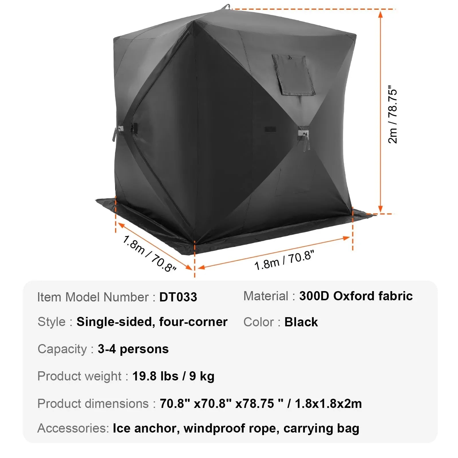 VEVOR Portable Ice Shelter, 3-4 Person Pop-Up Ice Fishing Tent, 35 Square Feet Fishable Area, Ice Shanty for Winter Fishing, Waterproof Oxford Ice Cube with Anchors/Ropes/Carrying Bag, 71