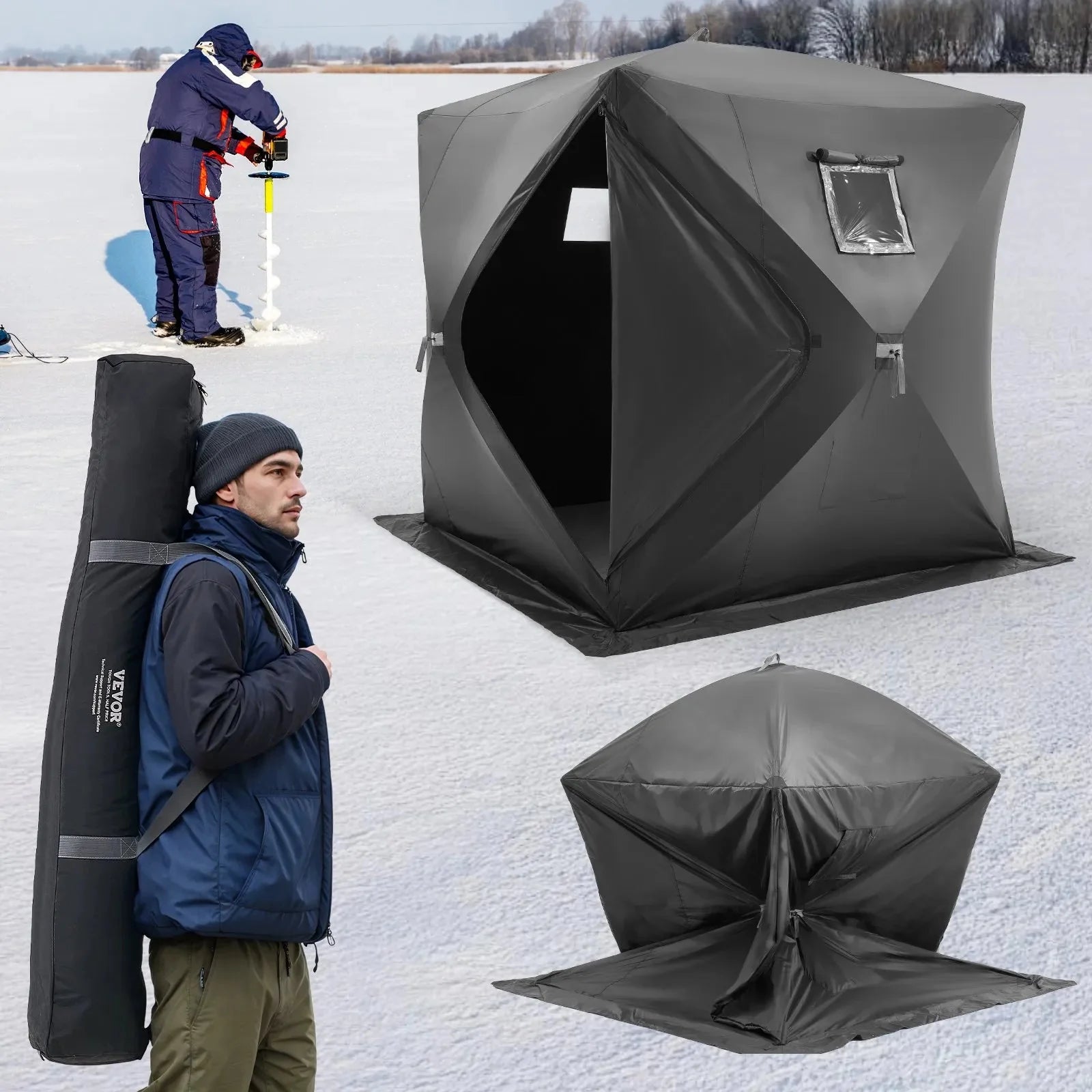 VEVOR Portable Ice Shelter, 3-4 Person Pop-Up Ice Fishing Tent, 35 Square Feet Fishable Area, Ice Shanty for Winter Fishing, Waterproof Oxford Ice Cube with Anchors/Ropes/Carrying Bag, 71
