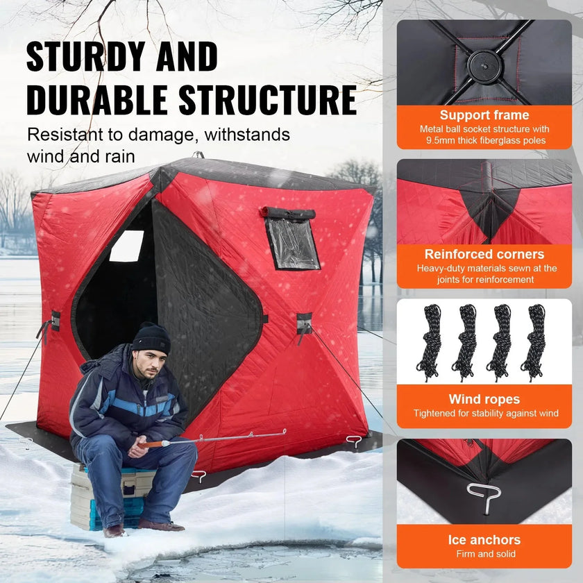 VEVOR Portable Ice Shelter, 3-4 Person Insulated Pop-Up Ice Fishing Tent, 35 Square Feet Fishable Area, Thermal Ice Shanty for Winter Fishing, Ice Cube with Anchors, Ropes, Carrying Bag, 71