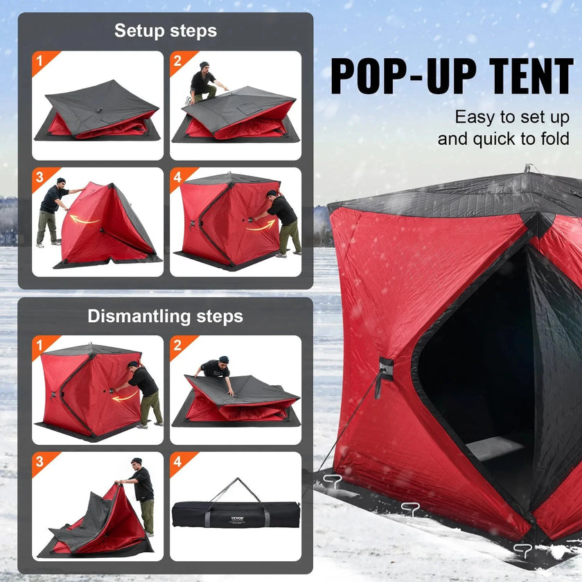 VEVOR Portable Ice Shelter, 3-4 Person Insulated Pop-Up Ice Fishing Tent, 35 Square Feet Fishable Area, Thermal Ice Shanty for Winter Fishing, Ice Cube with Anchors, Ropes, Carrying Bag, 71