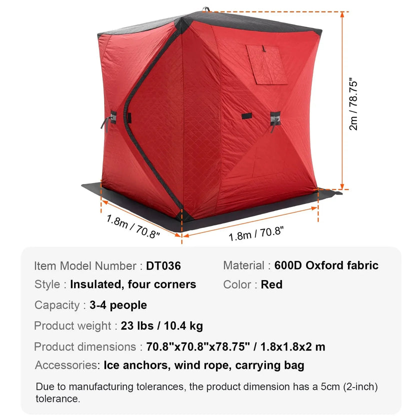 VEVOR Portable Ice Shelter, 3-4 Person Insulated Pop-Up Ice Fishing Tent, 35 Square Feet Fishable Area, Thermal Ice Shanty for Winter Fishing, Ice Cube with Anchors, Ropes, Carrying Bag, 71