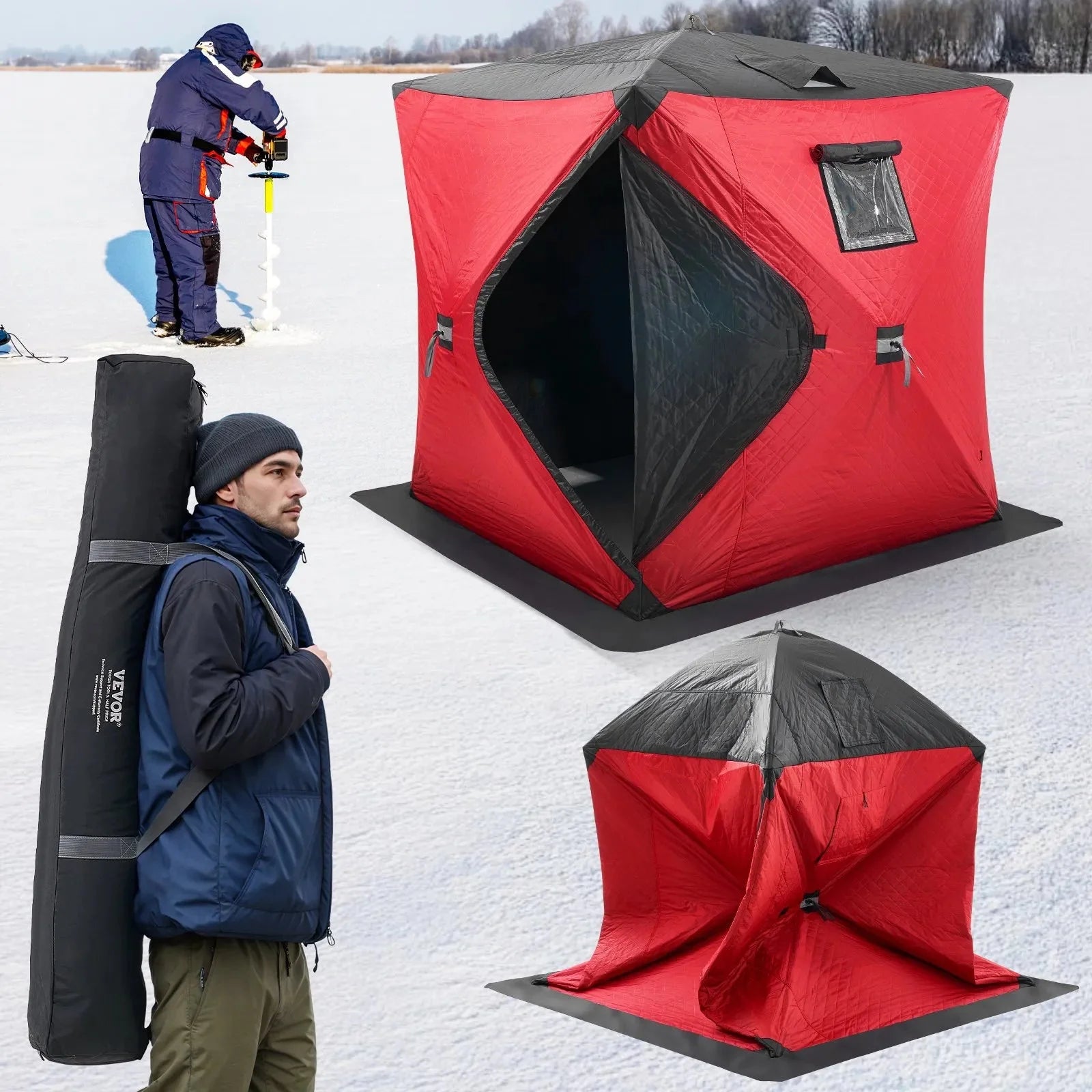 VEVOR Portable Ice Shelter, 3-4 Person Insulated Pop-Up Ice Fishing Tent, 35 Square Feet Fishable Area, Thermal Ice Shanty for Winter Fishing, Ice Cube with Anchors, Ropes, Carrying Bag, 71