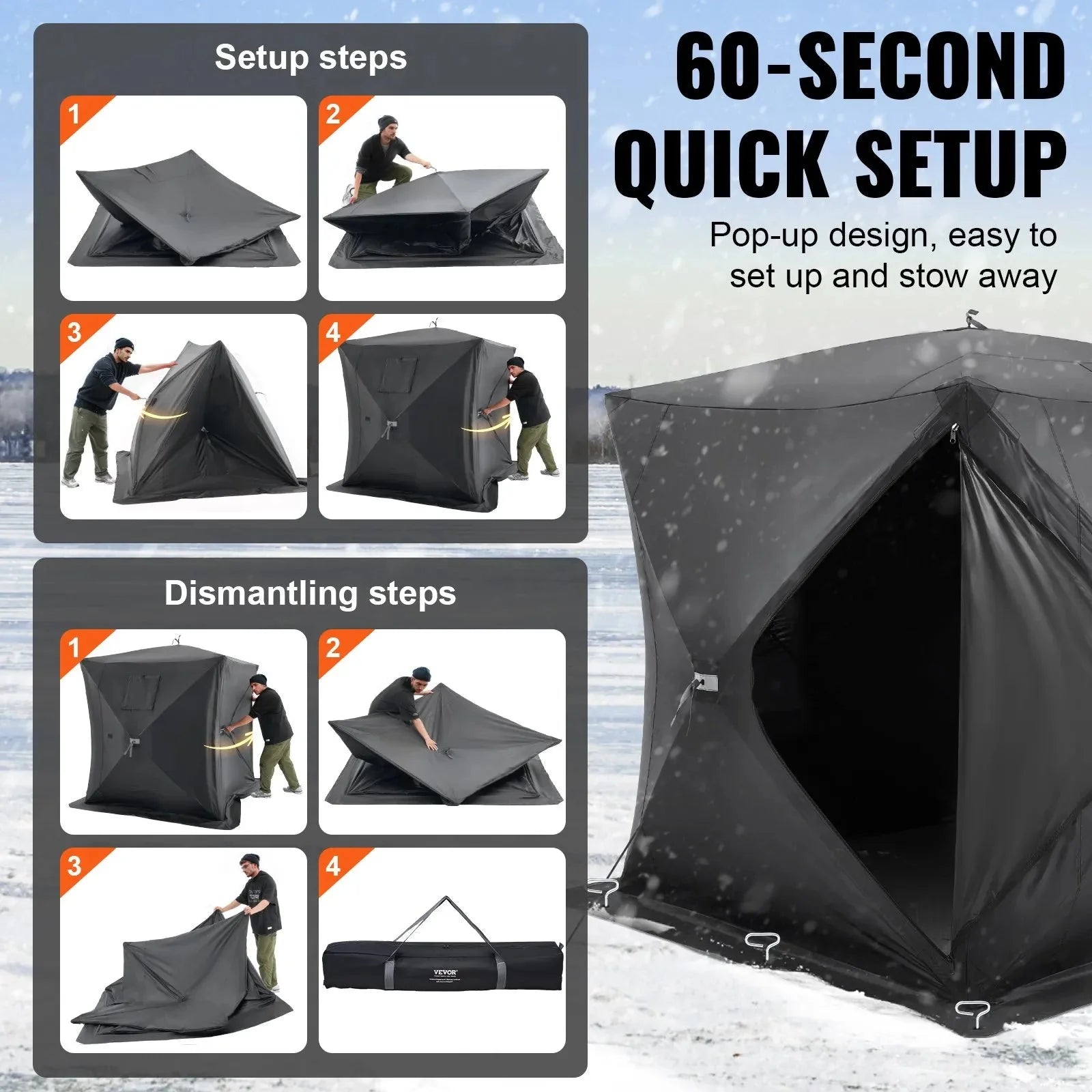 VEVOR Portable Ice Shelter, 3-4 Person Pop-Up Ice Fishing Tent, 43 Square Feet Fishable Area, Ice Shanty for Winter Fishing, Waterproof Oxford Ice Cube with Anchors/Ropes/Carrying Bag, 90